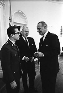 John Steinbeck with his son John IV and Lyndon Johnson