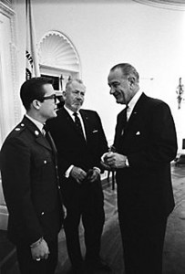 Image of John Steinbeck IV, his father the author John Steinbeck, and President Lyndon Johnson